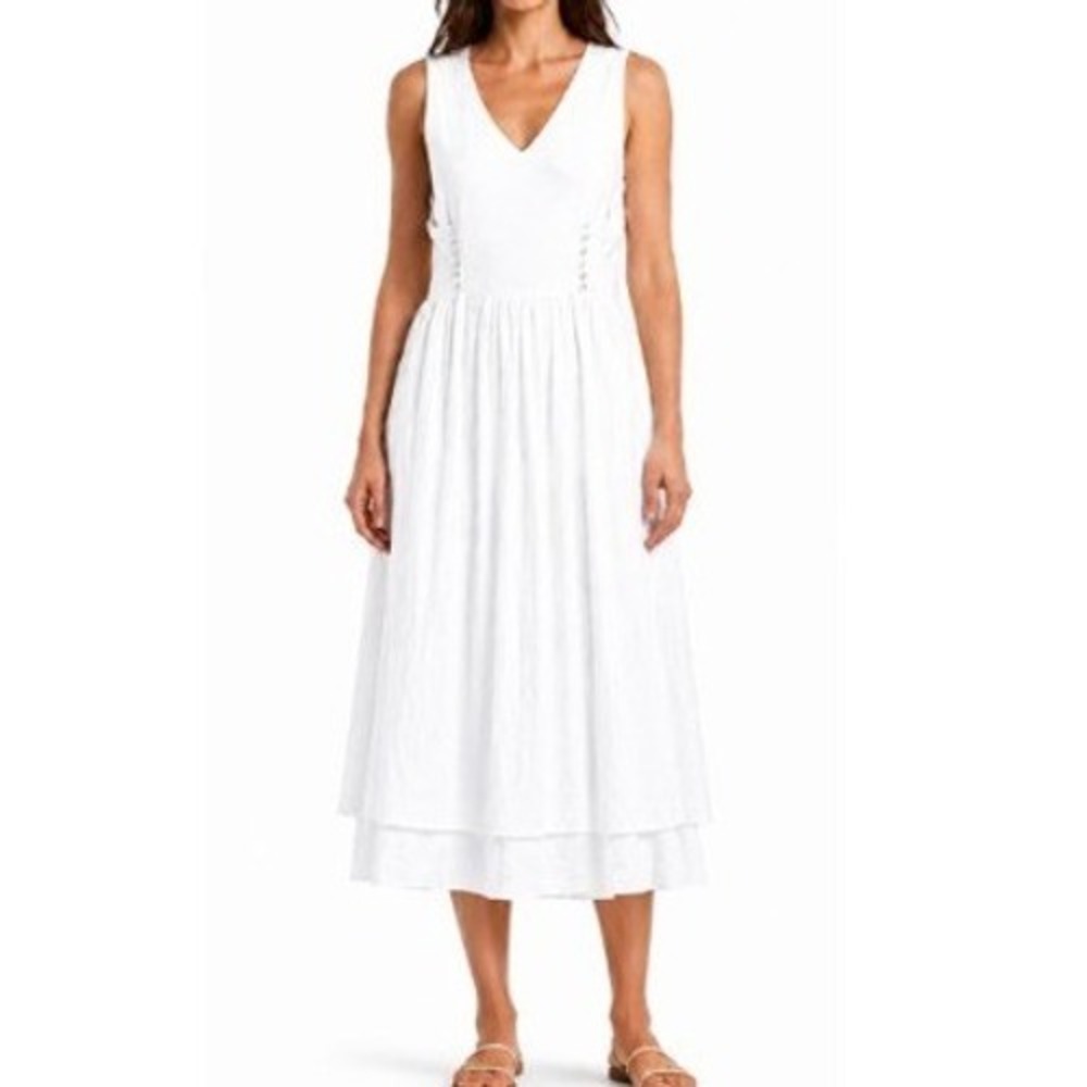 Etici Fit & Flare Midi Dress Womens M White Sleeveless Side Button Pockets Boho